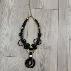 Vintage Chico's Statement Necklace Black Rope Gold Tone Rings Boho